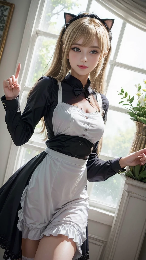 anime character dressed in Maid outfit standing in front of a window, anime girl in a Maid costume, Maid outfit, gorgeous Maid, Maid, Beautiful and detailed anime art, Maid dress, anime cat girl in a Maid costume, in dress, a Maid in a magical forest, Catboy Cosplay! Maid! dress, From Girls Frontline, wearing Maid uniform, (((Middle finger hand sign))), (Anatomically correct hand:1.3), (Detailed hands:1.2), (Detailed eyes and face:1.2), (Perfect Anatomy:1.2), (Blonde Hair:1.2), (Beautiful breasts:1.2), flower pot, ribbon, (Beautiful Face, Baby Face:1.2, Idol Face), Slender body line, Small and slender figure, (Highest quality, 8k, masterpiece:1.2), Ultra-detailed, (Reality:1.4), Narrow waist,