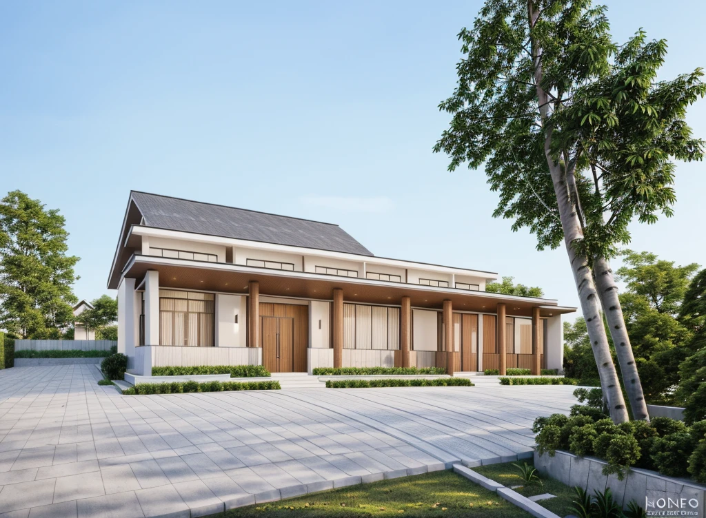 Modern architecture, xinfa aluminum glass doors, (stone wall, white paint), trần ốp gỗ, Best quality photos, Super detailed photos, Photorealistic photos, ảnh nh, Japanese tile roof , Yellow light temperature 4000k, concrete road yard, green exterior, blue sky