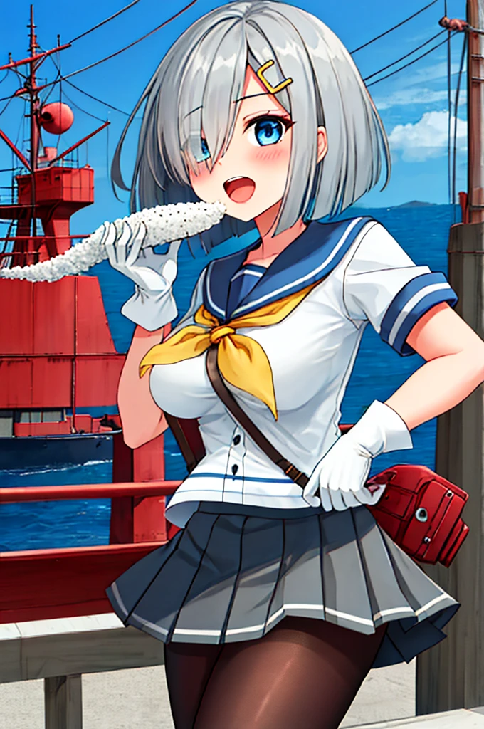 best quality, masterpiece, highres, solo, {hamakaze_kantaicollection:0.90}, 1girl, ,younger_teenck_pantyhose, pleated_skirt, serafuku, short_sleeves, simple_background, white_background, yellow_neckerchief, white_gloves, looking_at_viewer, grey_skirt, blush, eyes_visible_through_hair, blue_sailor_collar, dynamic_posing,long_bangs,hair_over_one_eye,harbor_school_background,outdoor,large_breasts,onigiri,riceball,girl_eating_riceball,happy,open_mouth
