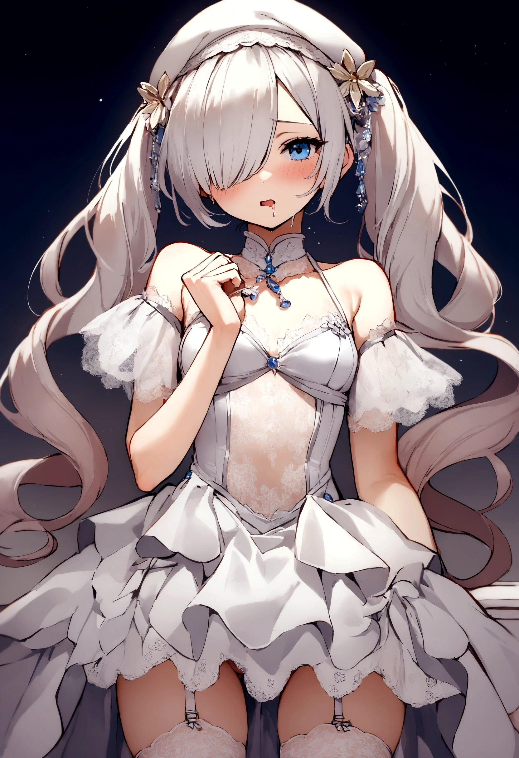 Browsing Caution,((1 male、1 female,Sexをしている)),Lying down,Raise both legs,Heterosexual,Showing off nipples,((Sex)),(Highest quality,4K,8k,High resolution,Tabletop:1.2),Very detailed,beautiful girl,Hair above one eye,Removable sleeves,Enchantment,Charm,Cheerfulness,sacred,Magical Effects,Silver Hair,blue eyes,Pale Pink Wedding Dress,Sophisticated clothing,Garter Straps,Fine lace,Delicate frills,Bedroom,In the middle of the night,sacred縞模様,Transparent costume,Jewelry Decoration,Twin tails,Beautiful Eyes,Hair above one eye,Small breasts,Bare Chest,Drooling,masterpiece, Highest quality, High resolution, Celia Claire, White capelet, beret,Simple Background