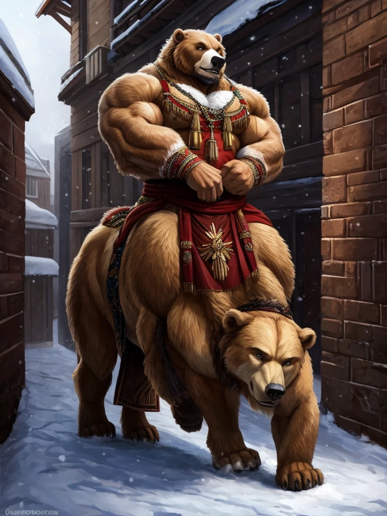 Handsome furry werebear taur,furry,fur taur,Strong muscles,Ancient style dress,snowy alley