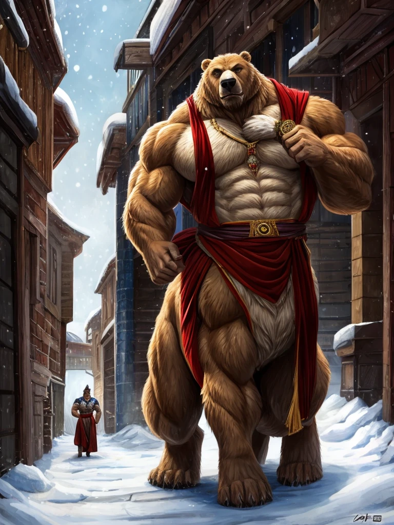 Handsome furry werebear taur,furry,fur taur,Strong muscles,Ancient style dress,snowy alley