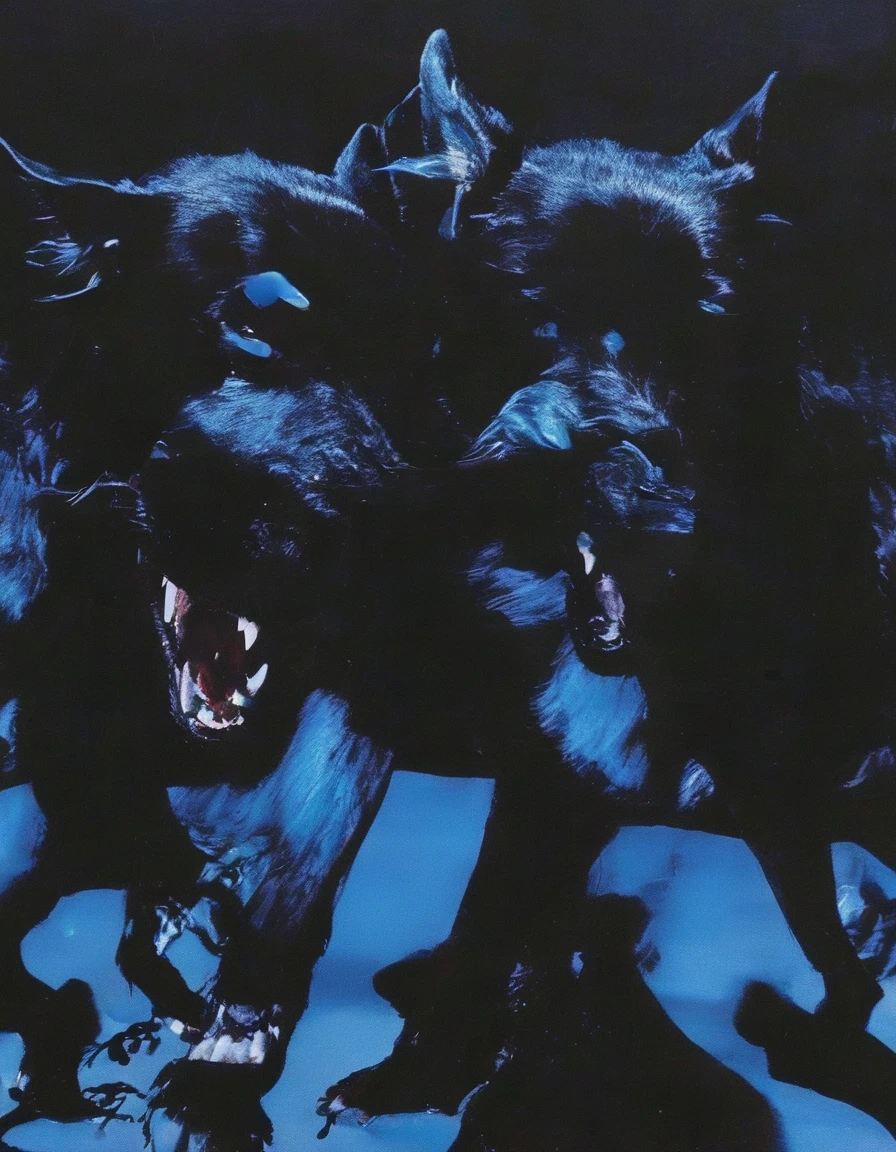 rapper cover album with giant monster black dog with three heads  in darkness  at night, blue background