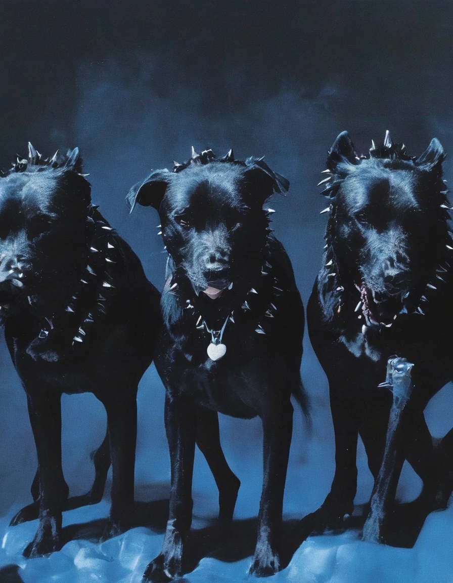 rapper cover album with giant monster black dog with three heads  in darkness  at night, blue background