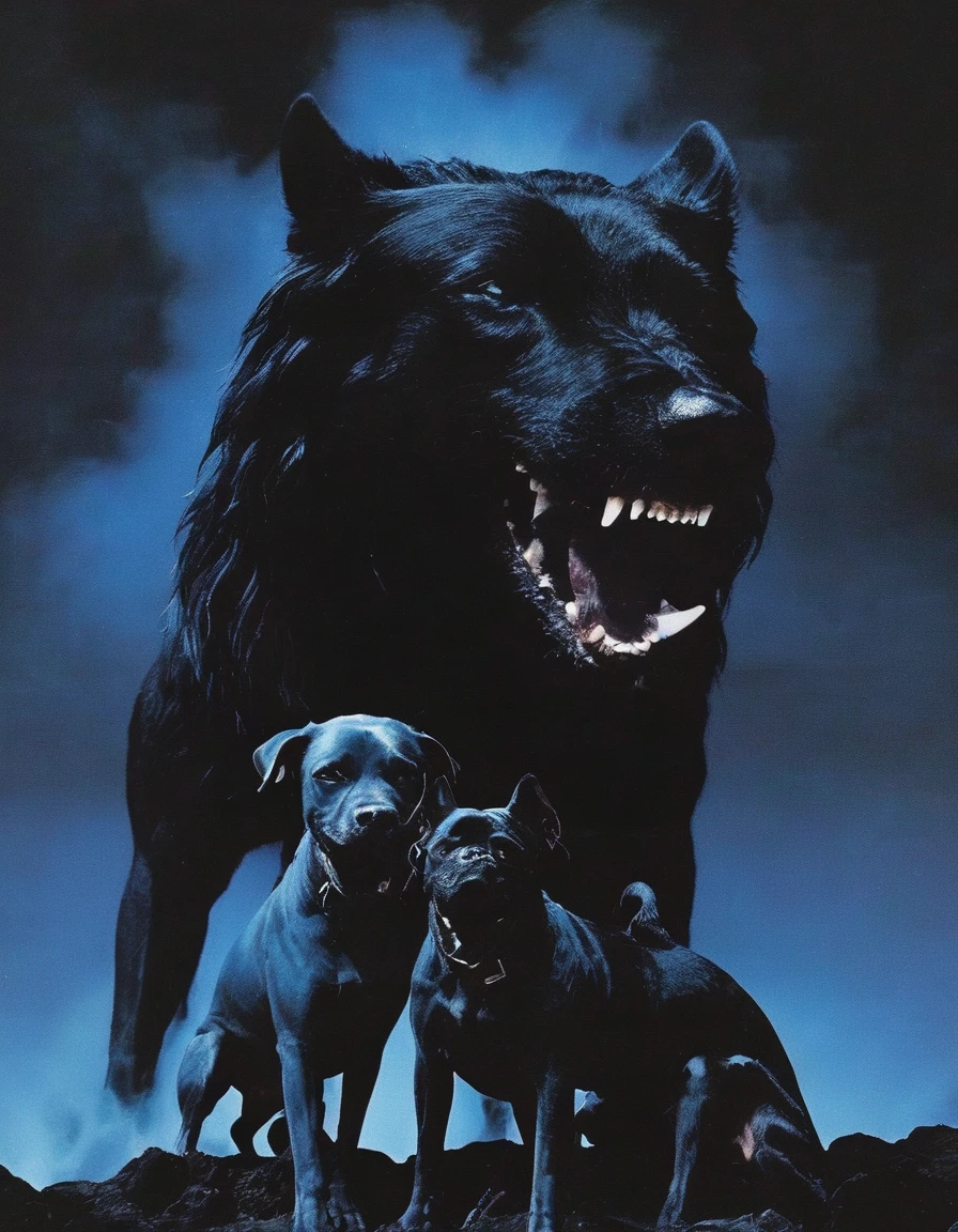rapper cover album with giant monster black dog with three heads in darkness at night, blue background