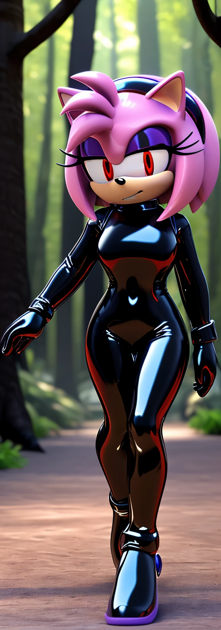 Solo, 1girl, full body image, rendered in SFM, ((sonic oc:1)), from sonic, high detail iconic character, in the new action-movie sonic, knothole forest, official render, 3d render official art, toon shader, ((female)), (((medium purple hedgehog:1))), ((shiny)) (purple fur:1.0), (((Amy rose style quills with gradient indigo tips))), (((metallic purple eyeliner))) ((deep red eyes:1.5)), ((calm neutral expression)), ray trace 4 k, ray trace 4k, (((glossy black latex bodysuit:1.5)))