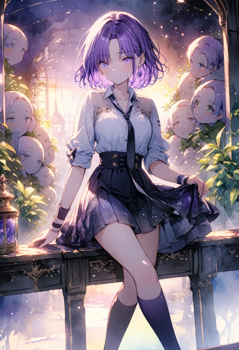 (high quality, 8k), (Watercolor:1,2, Soft Light:1.5), Upper Body, (Topaz), green,Rainbow colors, One Girl, Detailed face, Fine grain, Watercolor, So magical and dreamy, Dreamy details, Dreamy atmosphereとドラマ, Beautiful and dreamy lighting, Dreamy atmosphere, Beautiful atmosphere, Dreamy Romantic, Fantastic and dreamy theme, Beautiful atmosphere, Anime Background Art, Magical atmosphere + Tabletop, Dreamy aesthetics, Beautiful details with atmosphere,(toru asakura: 1.3), (short hair: 1.3), (Parted bangs: 1.3), (greenい髪、Gradient Hair、Multi-colored hair、Parted bangs、Purple Hair),⑧Costume : (Open collar, , Rolled up my sleeves, Wristband, Earrings), (Earrings), (greenみがかった白のチェック柄のスカート), (A simple loose black tie), (Dark blue high socks: 1.3), ⑨Other：(Waiting for a kiss、Tight waist、Slender body、Small Head、Body with seven heads, Beautiful feet, The beauty of the footboard),