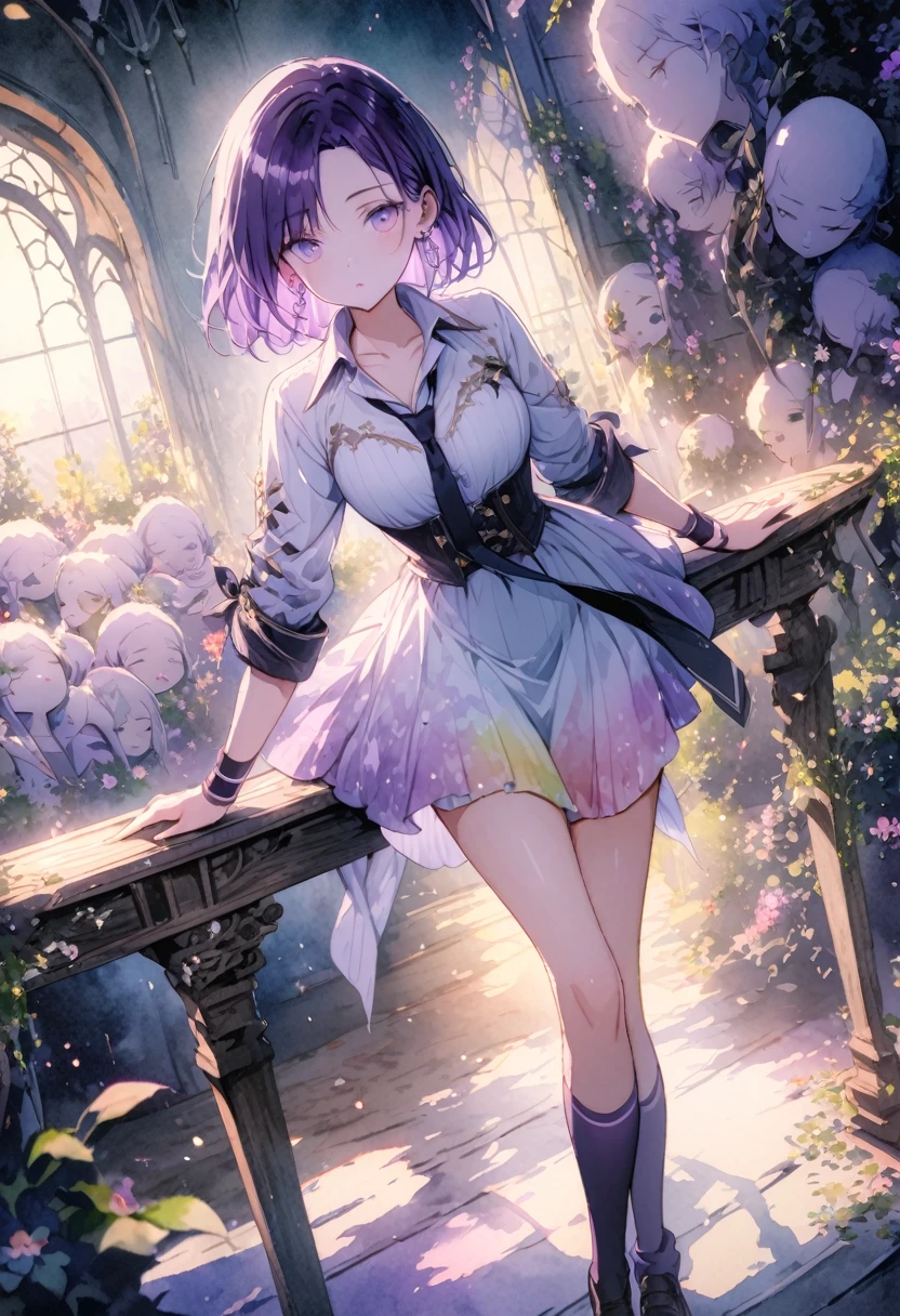 (high quality, 8k), (Watercolor:1,2, Soft Light:1.5), Upper Body, (Topaz), green,Rainbow colors, One Girl, Detailed face, Fine grain, Watercolor, So magical and dreamy, Dreamy details, Dreamy atmosphereとドラマ, Beautiful and dreamy lighting, Dreamy atmosphere, Beautiful atmosphere, Dreamy Romantic, Fantastic and dreamy theme, Beautiful atmosphere, Anime Background Art, Magical atmosphere + Tabletop, Dreamy aesthetics, Beautiful details with atmosphere,(toru asakura: 1.3), (short hair: 1.3), (Parted bangs: 1.3), (greenい髪、Gradient Hair、Multi-colored hair、Parted bangs、Purple Hair),⑧Costume : (Open collar, , Rolled up my sleeves, Wristband, Earrings), (Earrings), (greenみがかった白のチェック柄のスカート), (A simple loose black tie), (Dark blue high socks: 1.3), ⑨Other:(Waiting for a kiss、Tight waist、Slender body、Small Head、Body with seven heads, Beautiful feet, The beauty of the footboard),