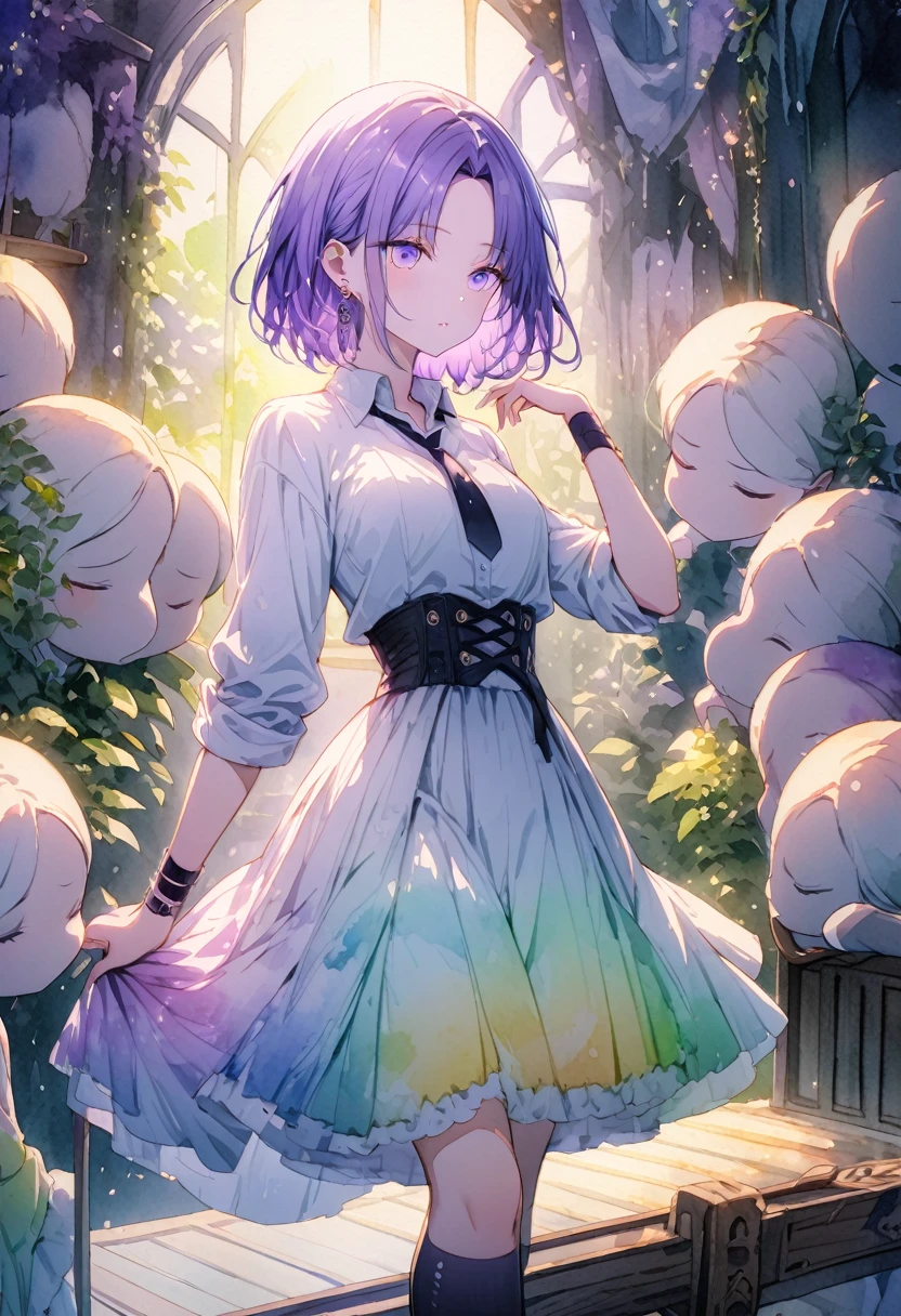 (high quality, 8k), (Watercolor:1,2, Soft Light:1.5), Upper Body, (Topaz), green,Rainbow colors, One Girl, Detailed face, Fine grain, Watercolor, So magical and dreamy, Dreamy details, Dreamy atmosphereとドラマ, Beautiful and dreamy lighting, Dreamy atmosphere, Beautiful atmosphere, Dreamy Romantic, Fantastic and dreamy theme, Beautiful atmosphere, Anime Background Art, Magical atmosphere + Tabletop, Dreamy aesthetics, Beautiful details with atmosphere,(toru asakura: 1.3), (short hair: 1.3), (Parted bangs: 1.3), (greenい髪、Gradient Hair、Multi-colored hair、Parted bangs、Purple Hair),⑧Costume : (Open collar, , Rolled up my sleeves, Wristband, Earrings), (Earrings), (greenみがかった白のチェック柄のスカート), (A simple loose black tie), (Dark blue high socks: 1.3), ⑨Other:(Waiting for a kiss、Tight waist、Slender body、Small Head、Body with seven heads, Beautiful feet, The beauty of the footboard),