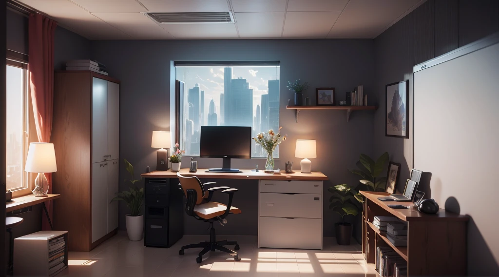 There is a computer desk in the corner with a chair and a vase of flowers., cgsociety 9, Jessica Rossier's color scheme, retro Futuristic apartment, Futuristic. Game CG, Rendering with Lumion pro, SF Interior, Octane Rendering : :, Rendering with Lumion, Matte painting of steam machinery, From the 2019 SF8K film