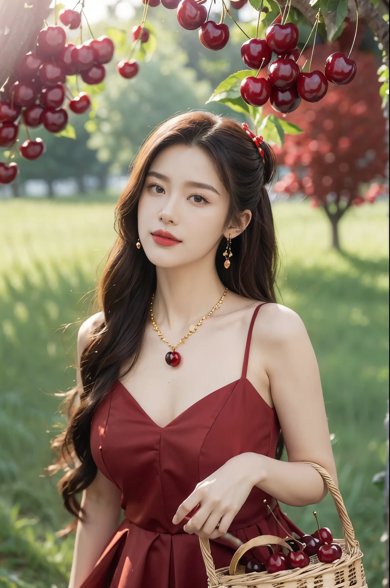 (((best quality))),(((ultra detailed))),(((masterpiece))),illustration,1 beautiful girl,solo,earrings,necklace,medium straight hair,slim,flat chest,red dress,summer,(cherry orchard full of red cherries:1.3),sunlight,dappled light,fair skin,smile,(ripest cherries on the trees:1.3),red lips,peaceful,summer breeze,hair fluttering,setting sun,radiant hue,beauty grace,basket,upper body