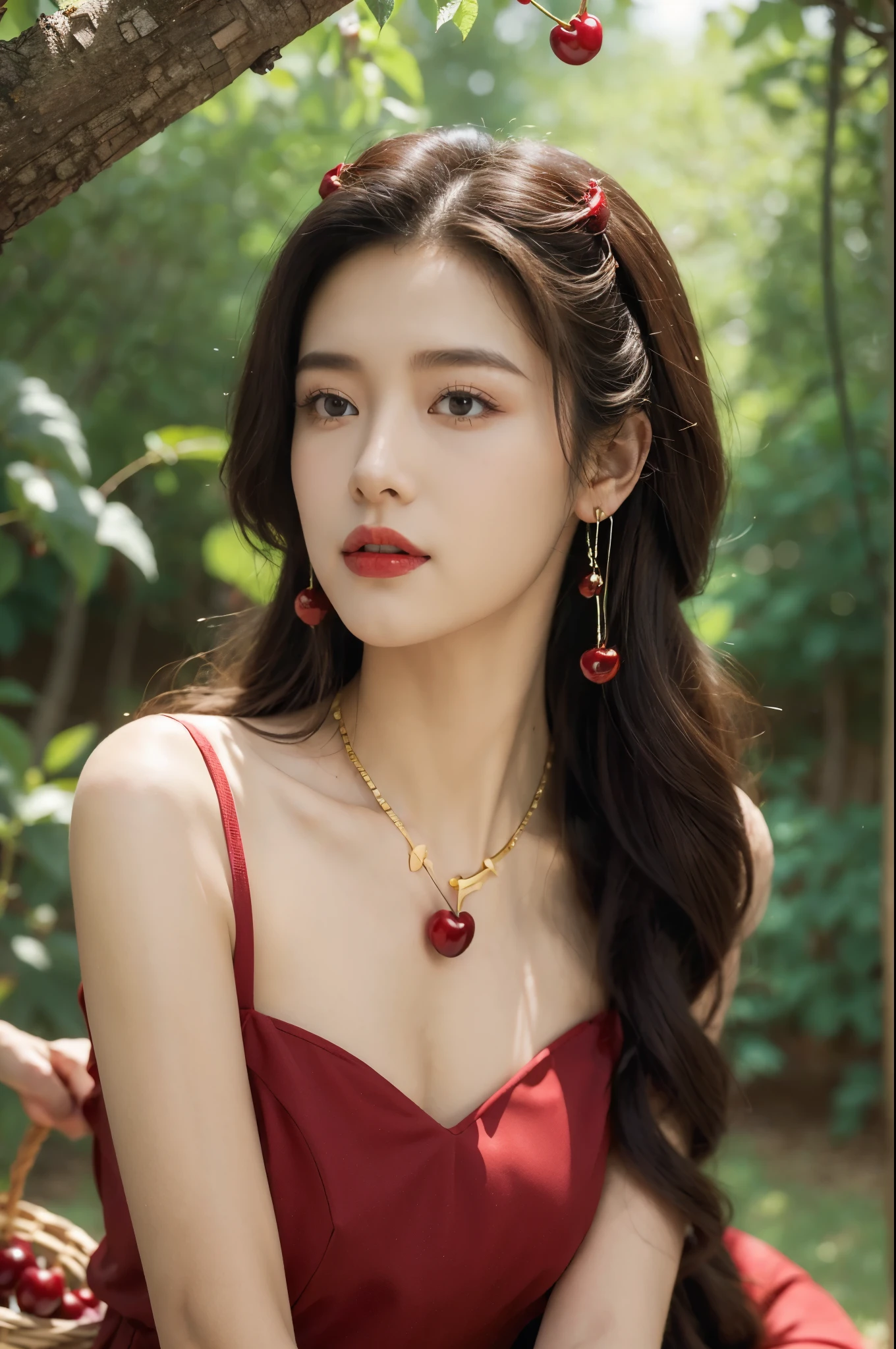 (((best quality))),(((ultra detailed))),(((masterpiece))),illustration,1 beautiful girl,solo,earrings,necklace,medium straight hair,slim,flat chest,red dress,summer,(cherry orchard full of red cherries:1.3),sunlight,dappled light,fair skin,smile,(ripest cherries on the trees:1.3),red lips,peaceful,summer breeze,hair fluttering,setting sun,radiant hue,beauty grace,basket,upper body