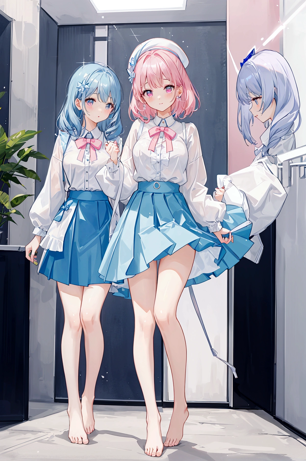 Three sisters of different heights、A cute white blouse with a cute light blue bra showing through it、Cute pink flare skirt、Light blue underwear visible as the skirt is lifted、barefoot、Company interview venue