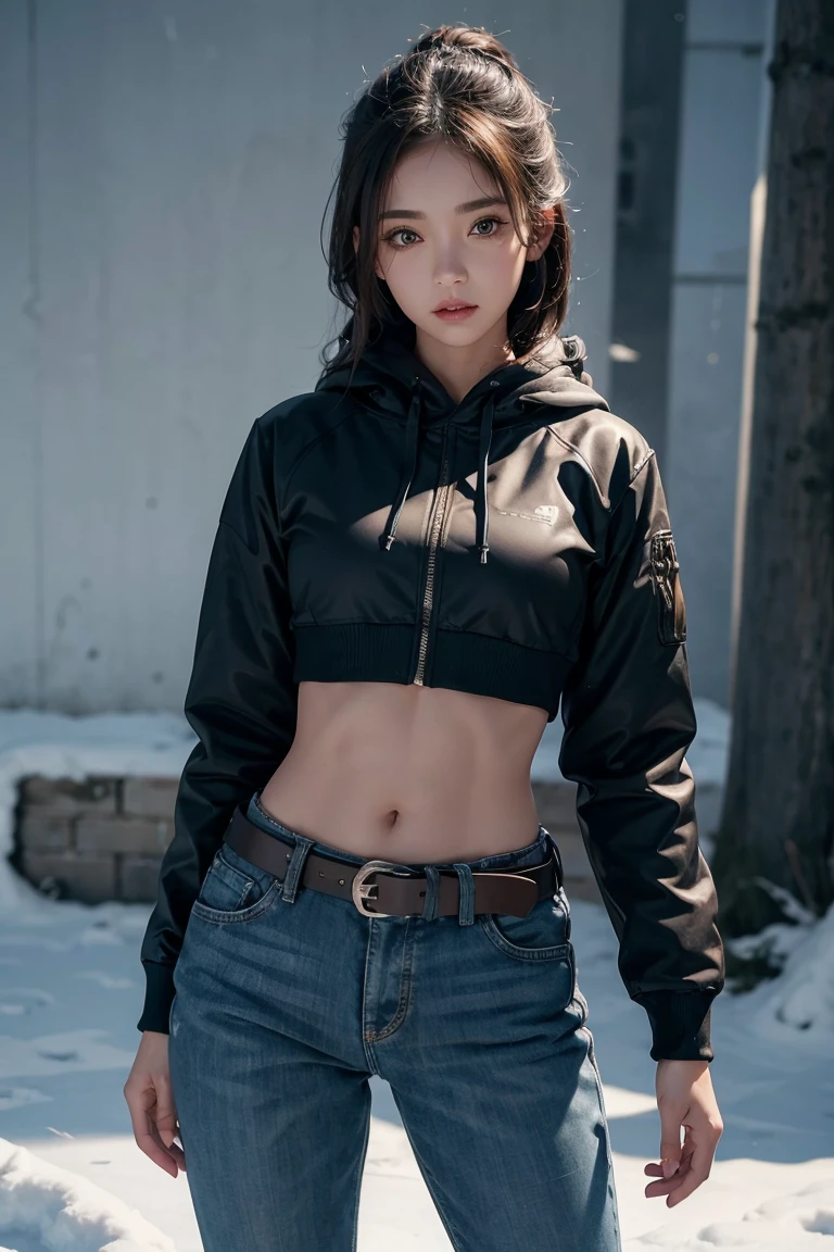 girl in winter scene, Short cropped hoodie,Short belly-baring down jacket,Long sleeve,Sexy abs,Low-rise pants, Metal belt,cowboy shot, The abdomen is completely exposed, Detailed facial features, beautiful eyes, Lips, and long eyelashes, Reality, 8K, Very detailed, Studio Lighting, Dramatic Lighting, Vibrant colors, work, Cold winter atmosphere