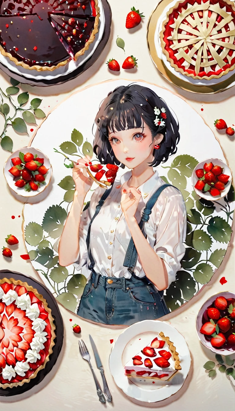 (((paper cutting style))), 1 girl, black hair, short hair, portfolio, shirts, denim, strawberry pie