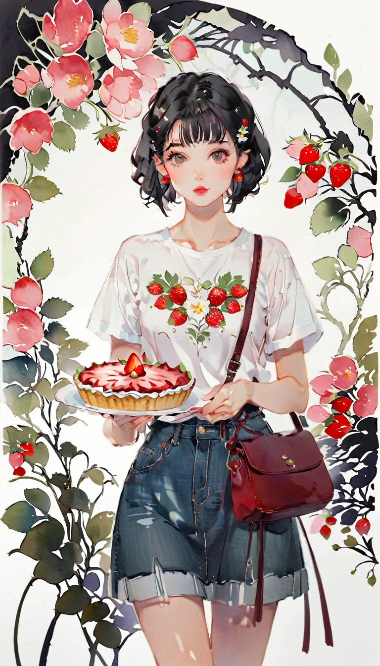 (((paper cutting style))), 1 girl, black hair, short hair, portfolio, shirts, denim, strawberry pie