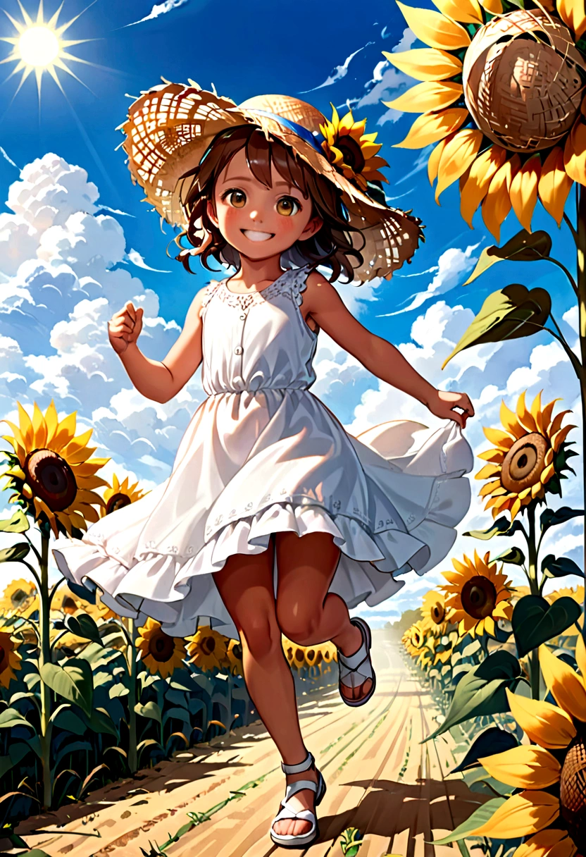 ((masterpiece)),((Highest quality)),((High resolution)),((Anatomical)),((Realistic)),((Detailed Description)),((Perfect lighting)),((8K)),((cute)),((blue sky)),((cumulonimbus)),((Big sunflower field)),(((One little girl))),(((Lori))),(((neutral))),((8-year-old)),((Beautiful eyes)),((Baby Face)),((low length)),((Petite)),((slender)),((smile)),((White teeth)),((((Deep tan)))),((Full body view)),((Pure white dress)),((Straw hat)),((Sprinting)),
