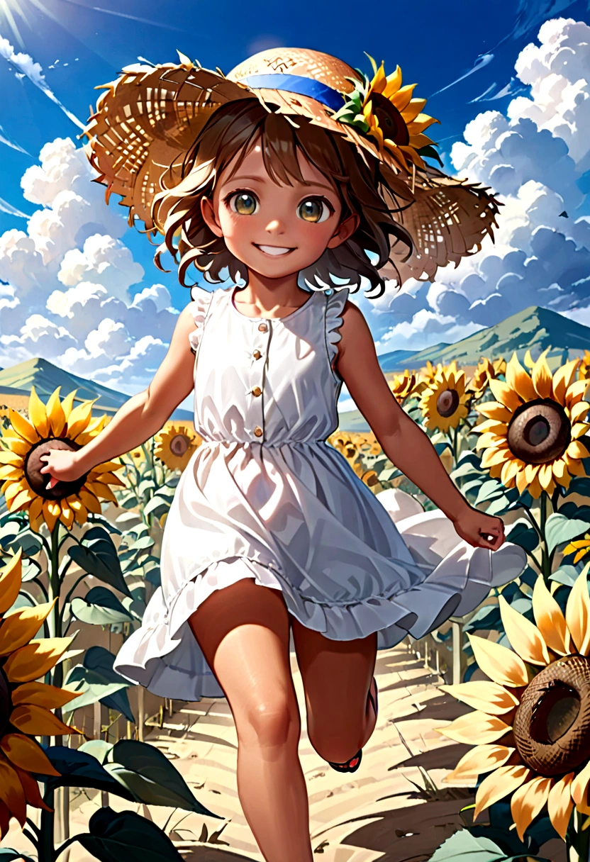 ((masterpiece)),((Highest quality)),((High resolution)),((Anatomical)),((Realistic)),((Detailed Description)),((Perfect lighting)),((8K)),((cute)),((blue sky)),((cumulonimbus)),((Big sunflower field)),(((One little girl))),(((Lori))),(((neutral))),((8-year-old)),((Beautiful eyes)),((Baby Face)),((low length)),((Petite)),((slender)),((smile)),((White teeth)),((((Deep tan)))),((Full body view)),((Pure white dress)),((Straw hat)),((Sprinting)),