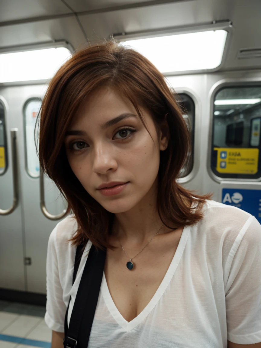 Foto de una mujer pelirroja en el metro, blusa blanca, (pecas:0.8) Cara linda, relista, dystopian, ojos detallados, ojos azules