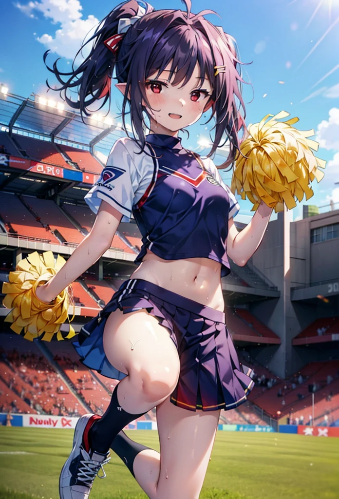 yuukikonno, yuuki konno, hair band, Long Hair, Pointed Ears, Purple Hair, (Red eyes:1.5), (Small breasts:1.2), Open your mouth wide,(Very delicate eyes), (cheer leading), (whole body),smile,blush,Lower, (Sweaty), Sweaty Wet Clothes, (Purple clothes), Pleated skirt,Black socks,sneakers,Belly-baring support, playground, (Jump), (Jump), 足を曲げてJumpする, air, blue sky, Grass原, smile,Cheerleader, Pom-pom \(cheer leading\), Grass, smile,
break looking at viewer, whole body,(Cowboy Shot:1. 5) ,
break outdoors, Stadium,crowd, people々々,
break (masterpiece:1.2), Highest quality, High resolution, unity 8k wallpaper, (figure:0.8), (Beautiful attention to detail:1.6), Highly detailed face, Perfect lighting, Highly detailed CG, (Perfect hands, Perfect Anatomy),