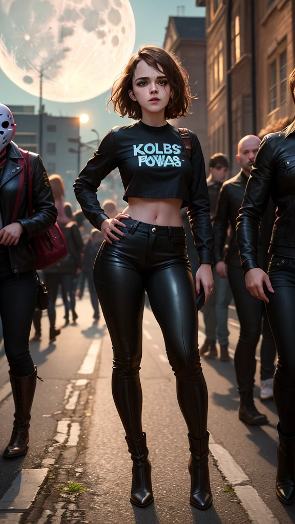 teen emma watson dressed as jason voorhees. tight shiny work pants, thigh high leather boots, crop work shirt. standing. Side view. underboob. background moon.