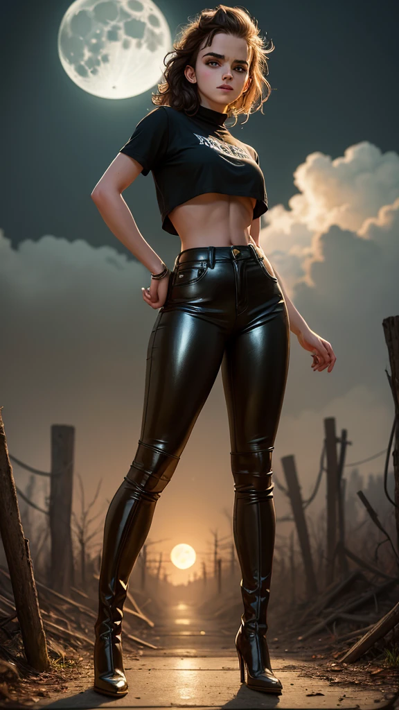 teen emma watson dressed as jason voorhees. tight shiny work pants, thigh high leather boots, crop work shirt. standing. Side view. underboob. background moon.