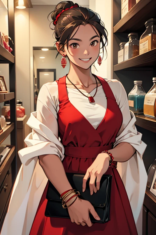 A young student girl grinning, wearing red elegant dress, wearing white shawl, holding a black purse, brown messy bun, bright brown eyes, in a boutique, white earrings, white necklace, white bracelets