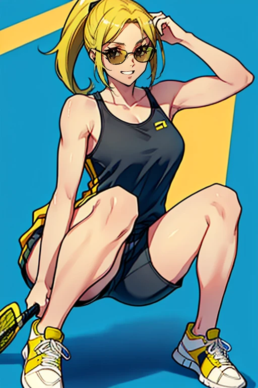 Woman of standard height, 20 years old, with a slightly muscular body, shoulder-length blonde hair tied in a ponytail, with big eyes and a wide smile, wearing sunglasses and wearing a sports suit with shorts and a yellow top and white tennis shoes. 