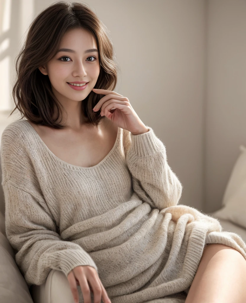 a beautiful J-actress in a natural, relaxed pose, wearing a snug, knit dress that hugs her body without underwear, showcasing her elegant and refined curves, (best quality,4k,8k,highres,masterpiece:1.2),ultra-detailed,(realistic,photorealistic,photo-realistic:1.37),1girl,beautiful detailed eyes,beautiful detailed lips,extremely detailed eyes and face,longeyelashes,oil painting,panorama,movie light effect,perfect anatomical connections,absolutely 4 fingers and 1 thumb,exquisite and detailed clothes,elegant and clean look,perfect body style,soft heavy breasts,natural smile,stunning large deep brown eyes,beautiful deep brown medium bob hairstyle,realistic clean beauty skin,thin eyebrows,cute sexy elegant face,graceful refined demeanor,radiating approachability,naturally relaxed not posed,friendly vibe,minimalist understated elegance,natural effortless look,genuine ease and comfort,unique fashion style,a little small light brown moles,seductive natural smile,(solo):2