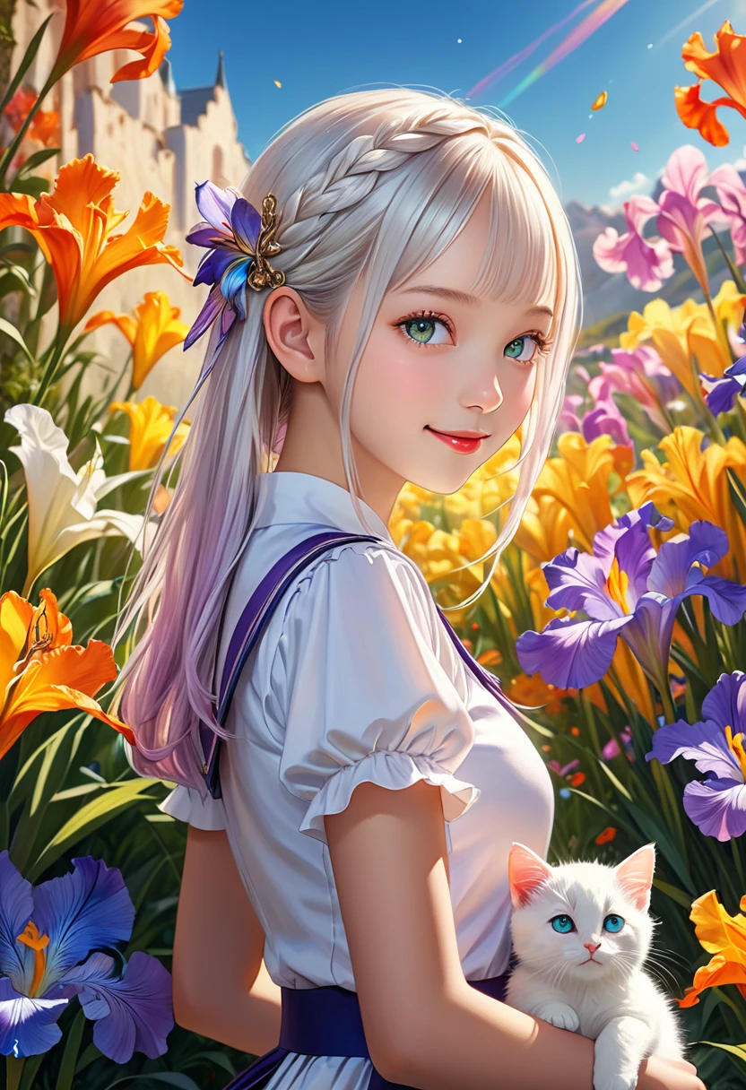 (Panorama, Center, Masterpiece, Highest Quality: 1.2), (8K, Raw Photos, Highest Quality), ((Masterpiece: 1.2)), Realistic, Ultra High Resolution, High Contrast, Photon Mapping, Vivid Colors, distant view, 26mm, Super Detailed, Raw Photos, Authentic, Official Art, RAW Photos, Professional Lighting, Lights, Vivid Atmosphere, finest illustration, best shadows),(An image with a composition with a large background and a small person), A smiling young girl (Emilia princess from Re:Zero, elegant silver-haired girl with delicate features, beautiful detailed eyes, long eyelashes, full lips, colorful makeup, slim waist, wearing a academy uniform, short sleeve top, photorealistic, (best quality,4k,8k,highres,masterpiece:1.2),ultra-detailed,(realistic,photorealistic,photo-realistic:1.37), extremely detailed face and eyes, highly detailed iris, (cute)), Early summer, Daytime. Plain, A smiling young girl can be seen standing in the distance against the background of various colorful flowers, On the side, there is a small white kitten, green and gold and silver gradients, the atmosphere where you can feel the excitement of adventure, an atmosphere of happiness and joy, a world view of high fantasy, a magnificent composition, beautifully depicted with the golden rule, Guardian nebulae of iridescent lights and silvery vapors, colors of corrosive siege rays, slimy air,
