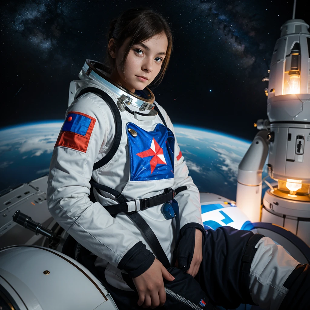 Girl in a spacesuit with a Russian flag on her shoulder, sits and looks into the eluminator