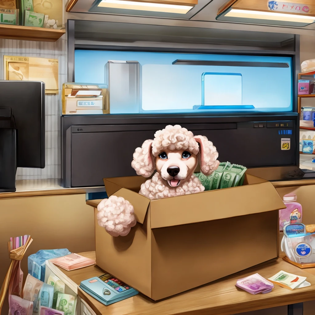Inside the pet shop、A poodle puppy in a box on top of a cash register