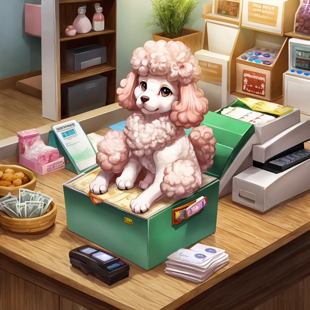 Inside the pet shop、A poodle puppy in a box on top of a cash register