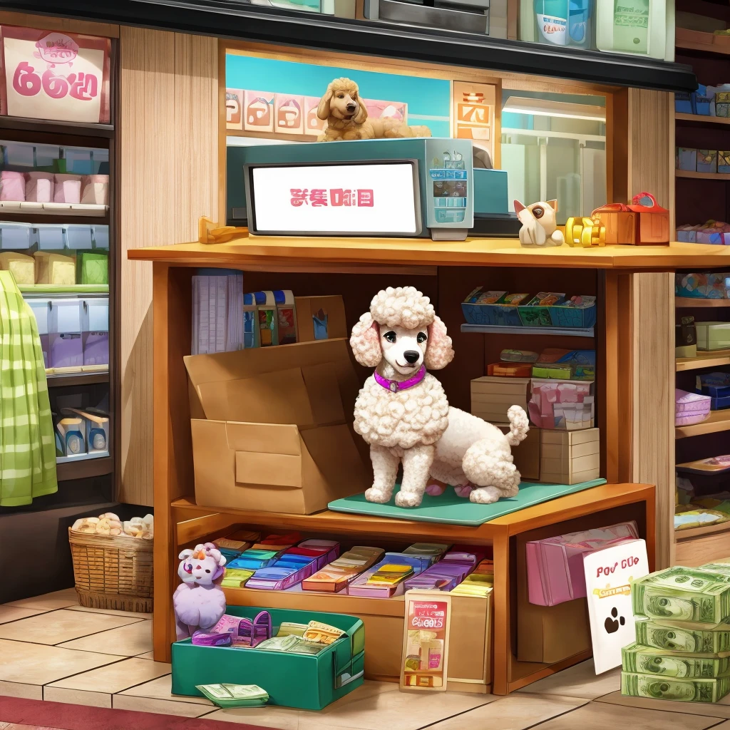 Inside the pet shop、A poodle puppy in a box on top of a cash register