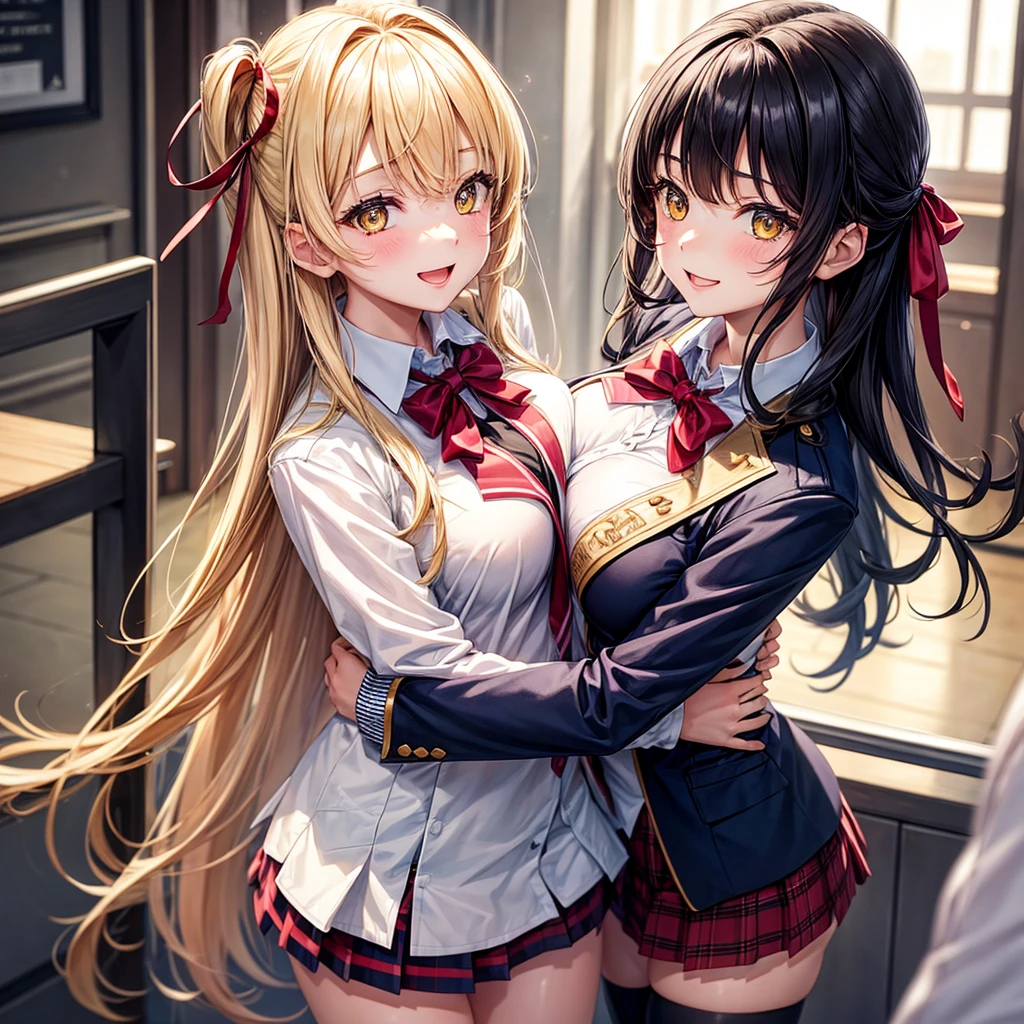 best quality，8K，smile，blazer，20 girls，ribbon on uniform，chool Graduation Ceremony,middle School girls，Girl groupultiple girls are depicted，Harem，idol group，photo shoot，long hair，wearing a cardigan，highest quality，big breasts，happy girl,horny girl，yellow eyes，perfect face，standing position，girls hugging each other，letting down one&#39;s bangs，beautiful eyes,corridor,girls hugging each other,smooth hair，multicolored hair colors，naughty girl，beautiful girl，beautiful girl，loose socks