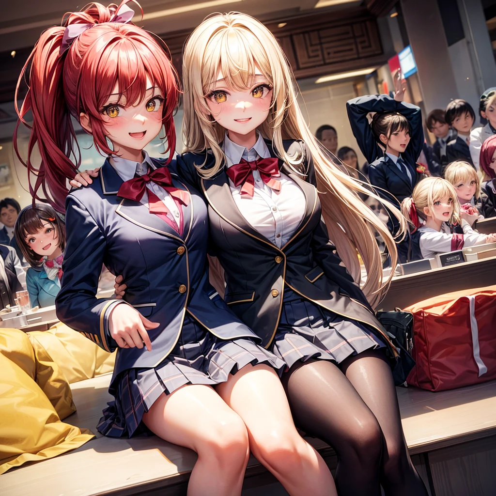 best quality,8K,smile,blazer,20 girls,ribbon on uniform,chool Graduation Ceremony,middle School girls,Girl groupultiple girls are depicted,Harem,idol group,photo shoot,long hair,wearing a cardigan,highest quality,big breasts,happy girl,horny girl,yellow eyes,perfect face,standing position,girls hugging each other,letting down one's bangs,beautiful eyes,corridor,girls hugging each other,smooth hair,multicolored hair colors,naughty girl,beautiful girl,beautiful girl,loose socks