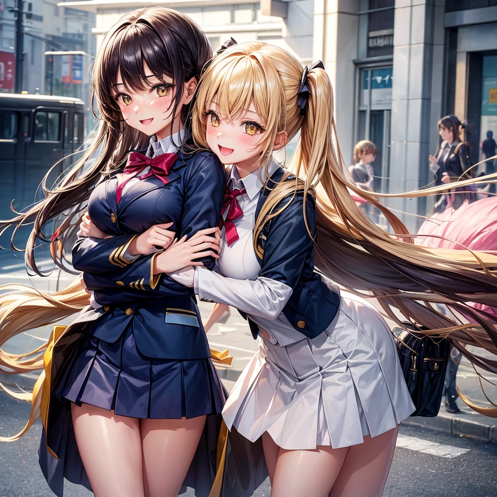 best quality,8K,smile,blazer,20 girls,ribbon on uniform,chool Graduation Ceremony,middle School girls,Girl groupultiple girls are depicted,Harem,idol group,photo shoot,long hair,wearing a cardigan,highest quality,big breasts,happy girl,horny girl,yellow eyes,perfect face,standing position,girls hugging each other,letting down one's bangs,beautiful eyes,corridor,girls hugging each other,smooth hair,multicolored hair colors,naughty girl,beautiful girl,beautiful girl,loose socks