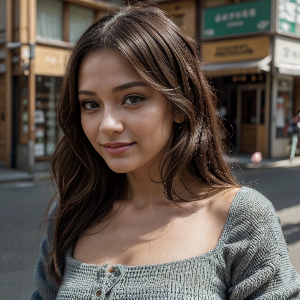 ((photo de tout le corps)), (best quality,ultra-detailed,photorealistic), jeune femme, 23 ans, Des yeux verts captivants avec une étincelle, Detailed lips, Sourire authentique et invitant avec une fossette subtile, Lightly defined cheekbones, Sophisticated, Dark, shiny hair in loose waves framing her face, charme invitant, (porter du streetwear japonais), Contexte de la ville, natural sunlight, serene atmosphere, Soft lighting, couleurs vives,