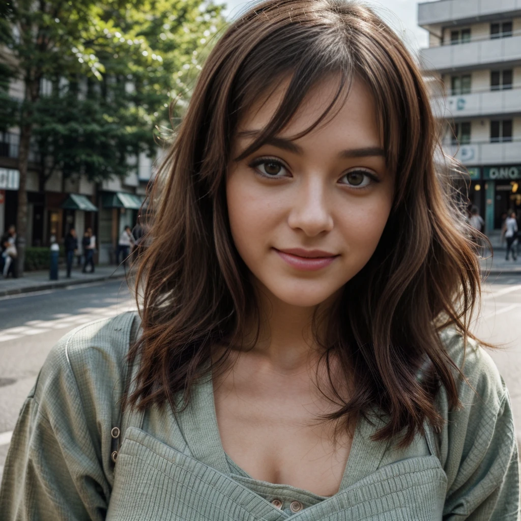 ((photo de tout le corps)), (best quality,ultra-detailed,photorealistic), jeune femme, 23 ans, Des yeux verts captivants avec une étincelle, Detailed lips, Sourire authentique et invitant avec une fossette subtile, Lightly defined cheekbones, Sophisticated, Dark, shiny hair in loose waves framing her face, charme invitant, (porter du streetwear japonais), Contexte de la ville, natural sunlight, serene atmosphere, Soft lighting, couleurs vives,
