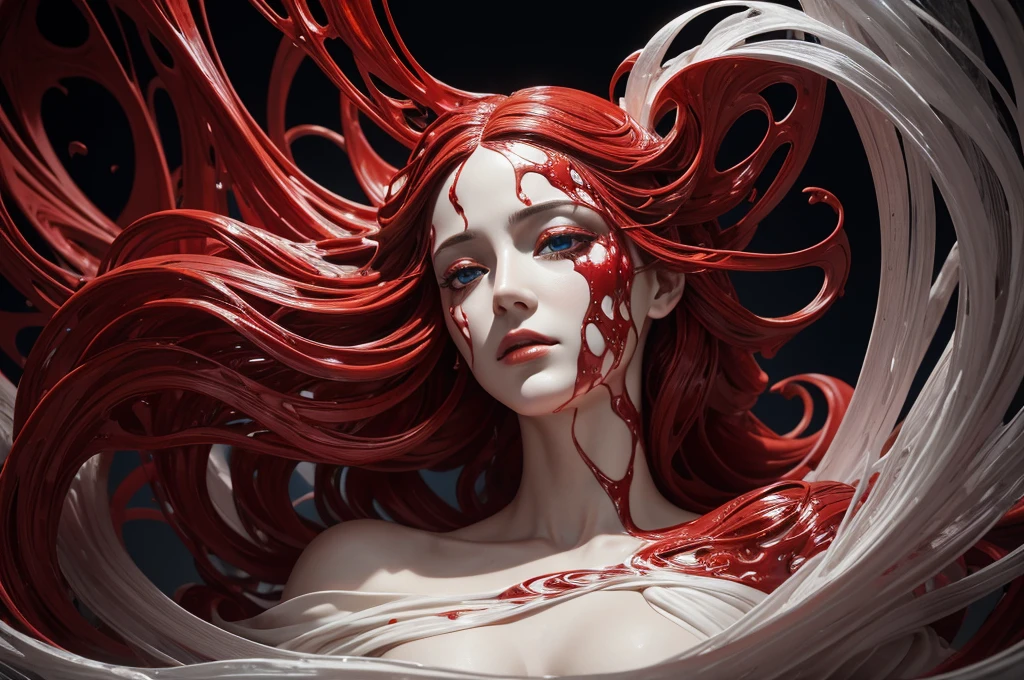 In a shocking contrast of elegance and turmoil, a Renaissance-style fragmented sculpture of an abstract form is depicted in porcelain slowly dissolving into red dark jelly. This captivating image portrays contorted in pain as the materials shift and blend. The high-quality photograph showcases the intricate details of the sculpture, from the delicate curves of her face to the flowing lines of her gown. The vibrant colors and striking imagery evoke a sense of deep emotion and artistic skill, drawing viewers into the gripping narrative of suffering and transformation.