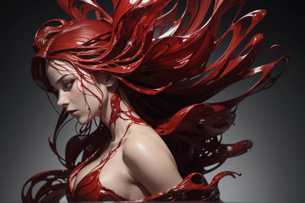 In a shocking contrast of elegance and turmoil, a Renaissance-style fragmented sculpture of an abstract form is depicted in porcelain slowly dissolving into red dark jelly. This captivating image portrays contorted in pain as the materials shift and blend. The high-quality photograph showcases the intricate details of the sculpture, from the delicate curves of her face to the flowing lines of her gown. The vibrant colors and striking imagery evoke a sense of deep emotion and artistic skill, drawing viewers into the gripping narrative of suffering and transformation.