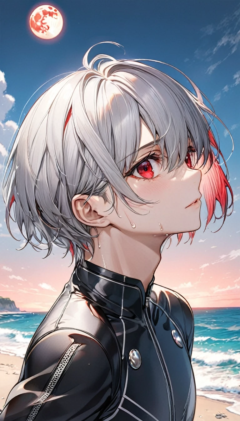 (profile:2 close-up face), (love style) ((16 yo)), (solo:2 crew cut silver hair very short hair divine cool boy, serious red eyes, sweaty skin), break, (in a dbutler suit), break, (in the open ocean view beach), (background detailed biggest pink moon), BREAK, perfect anatomy, masterpiece, best quality, 16k, beautiful detailed grow, daydreaming expression.