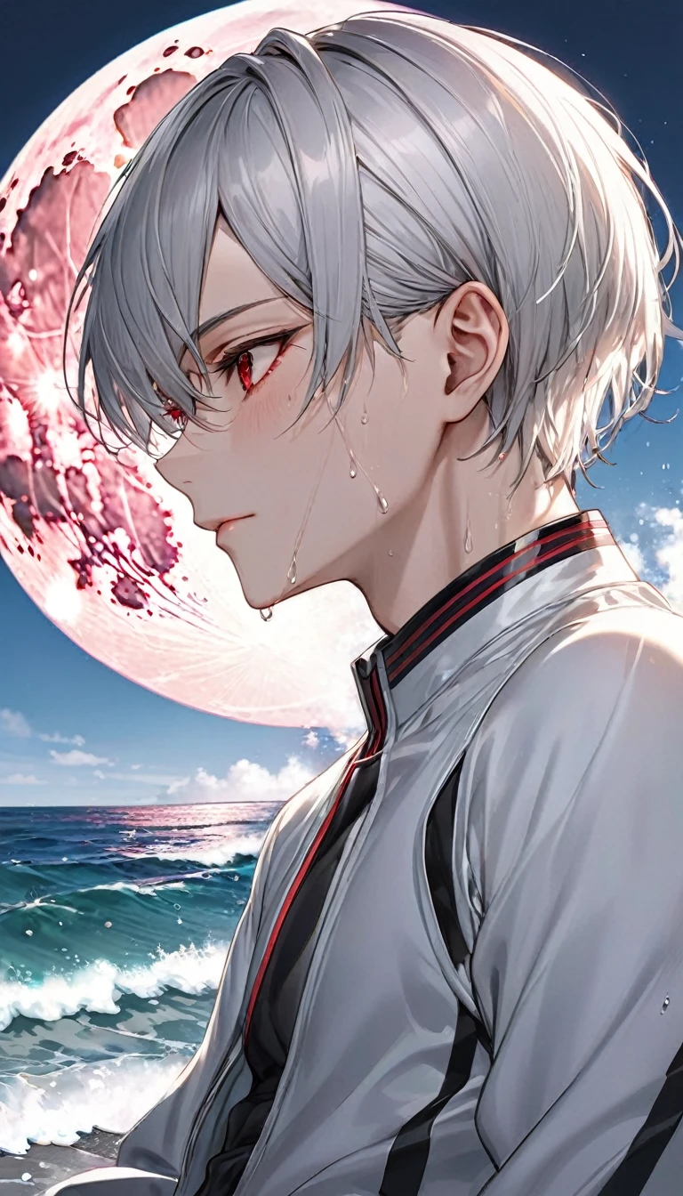 (profile:2 close-up face), (love style) ((16 yo)), (solo:2 crew cut silver hair very short hair divine cool boy, serious red eyes, sweaty skin), break, (in a dbutler suit), break, (in the open ocean view beach), (background detailed biggest pink moon), BREAK, perfect anatomy, masterpiece, best quality, 16k, beautiful detailed grow, daydreaming expression.