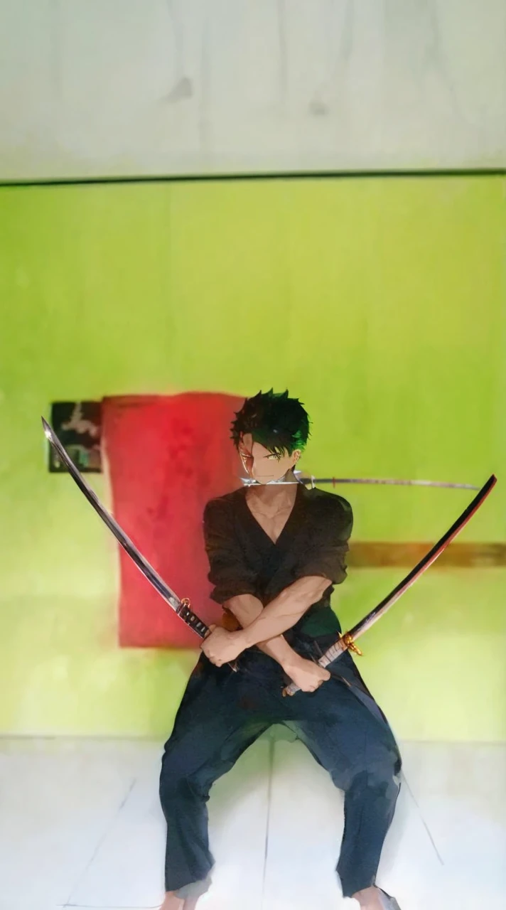 zoro, solo, looking at viewer, short hair, long sleeves, 1boy, jacket, upper body, weapon, male focus, japanese clothes, green hair, water, from side, scar, sheath, scar on face, sheathed, hair slicked back