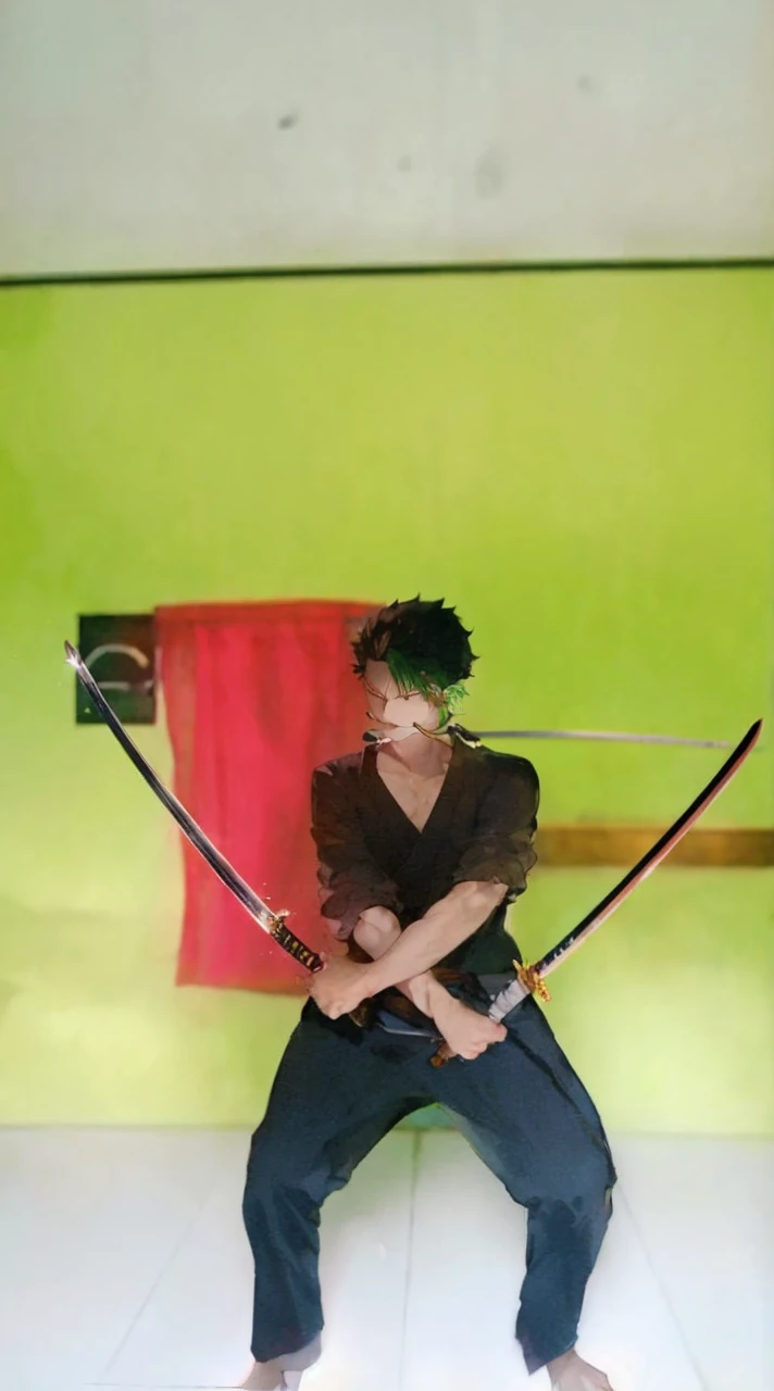 zoro, solo, looking at viewer, short hair, long sleeves, 1boy, jacket, upper body, weapon, male focus, japanese clothes, green hair, water, from side, scar, sheath, scar on face, sheathed, hair slicked back
