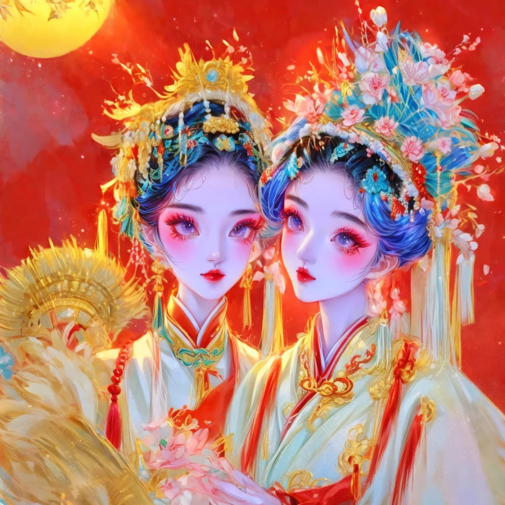 A chinese opera female and a chinese opera male wearing traditional coloured dressed clothes in a scene on a theater . Detailed image.Dinamic lighting.High definition.Masterpiece