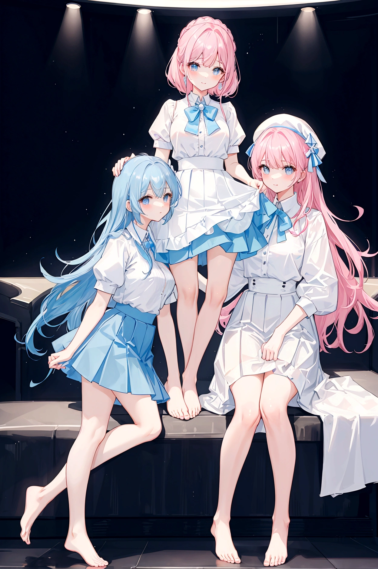 Three sisters of different heights、A cute white blouse with a cute light blue bra showing through it、Cute pink flare skirt、Light blue underwear visible when skirt is lifted、barefoot、Company interview venue