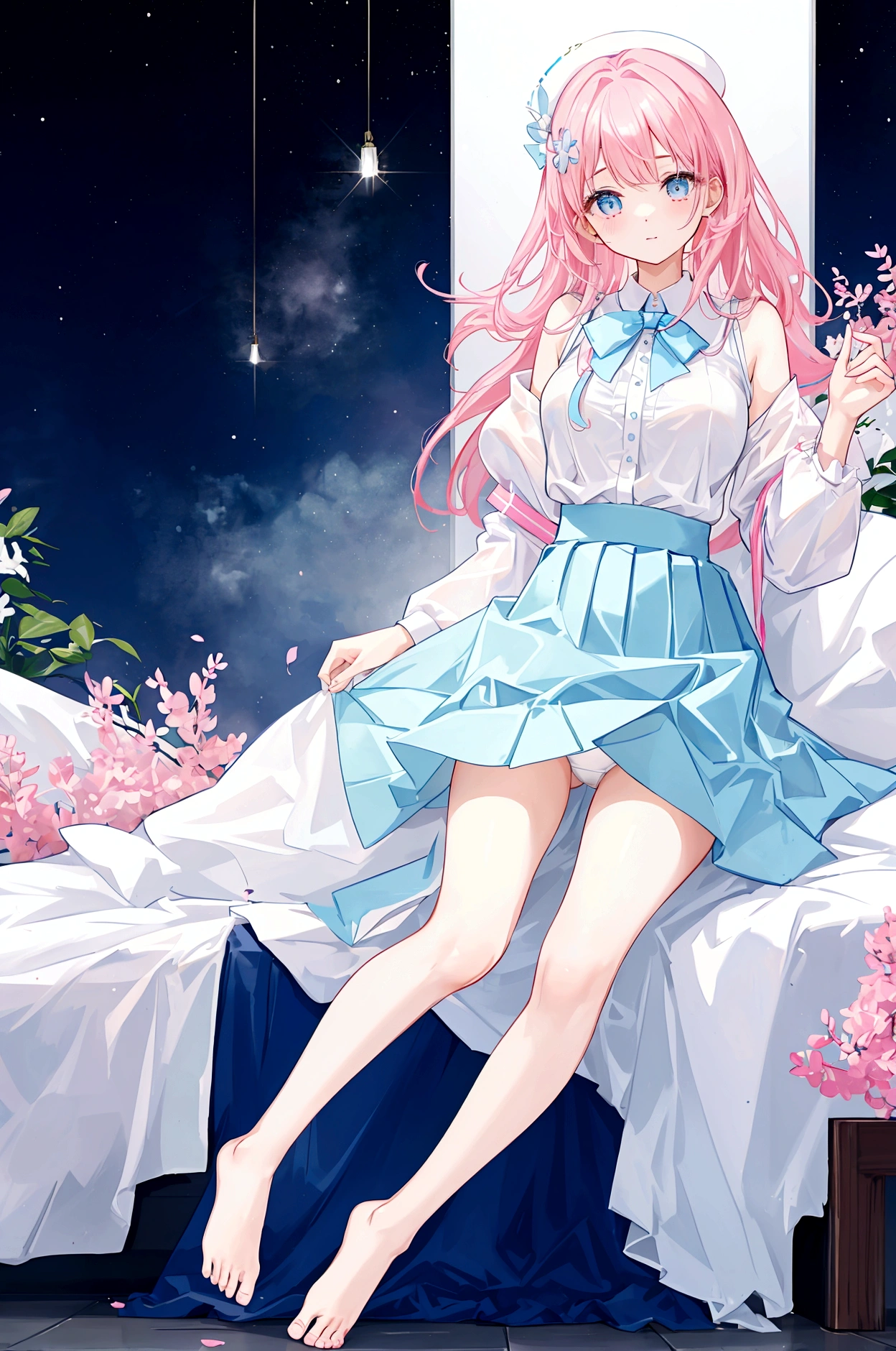 Three sisters of different heights、A cute white blouse with a cute light blue bra showing through it、Cute pink flare skirt、Light blue underwear visible when skirt is lifted、barefoot、Company interview venue