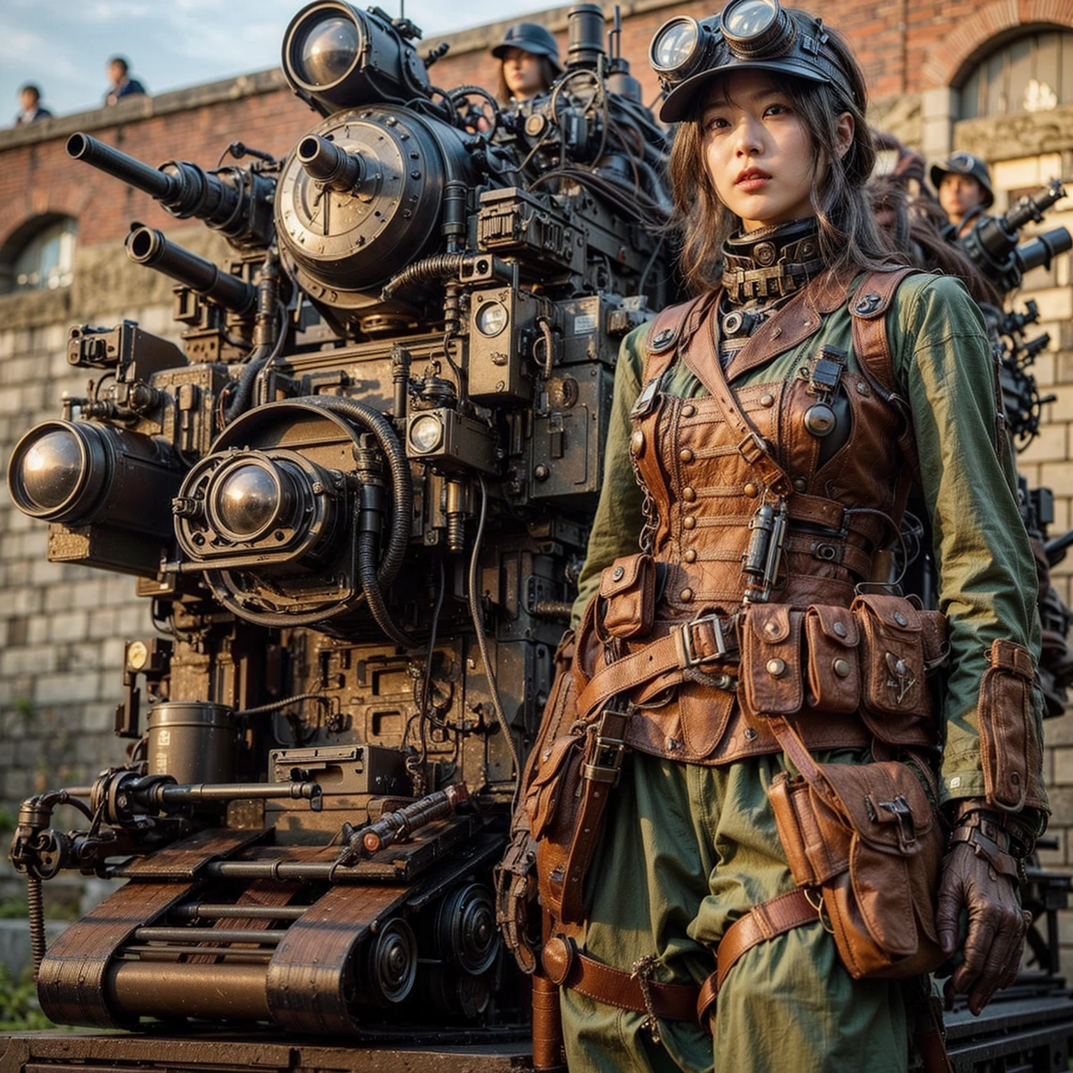Dystopian night scene, very intricate details, Japanese woman wearing model-like armor, beautiful face, legs, cylinders that look like muscles, pose in motion, 8k, ultra high resolution, super realism, realistic photo, taken with Fuji film X-T30.+Nokton. HDR10