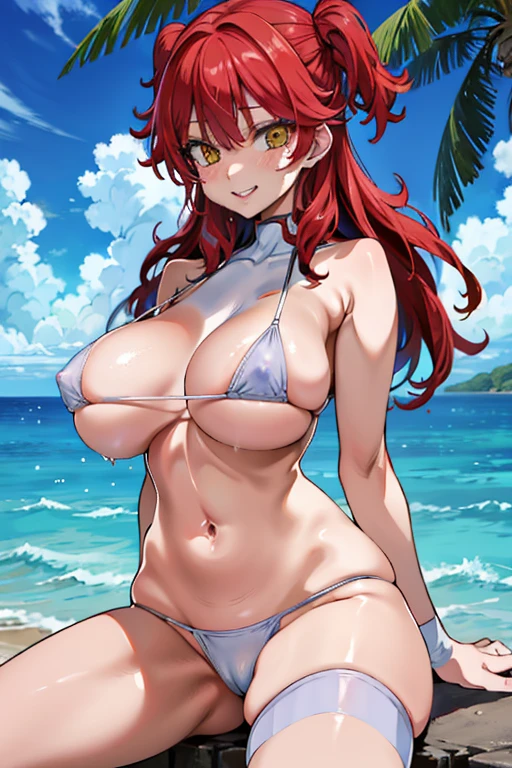 bewitching pose, (((vulgarity))), sweat,Dripping water,My whole body is wet,heavy breathing, humid, fog,
((Highest quality)), ((masterpiece)),(detailed),High resolution,Sharp focus,Perfect Face,1woman,(complete anatomy),
(非常にdetailed CG unity 8k wallpaper),(((Vibrant colors))),{best illustration},High resolution,Two-dimensional beautiful girl,Super Beauty,
shiny 肌,very shiny 肌,Shiny body,plastic glitter 肌,exaggerated shiny 肌,illuminated skin,
((detailedなボディ)),(detailedな顔)), cute,Lewd,erotic,Bold,
Nena Trinity,Yellow Eyes,Red Hair,freckles,
Big Breasts,glamorous_expensive_Tight waist_Long legs,
(micro bikini,sideboob,underboob:1.3),
smile, Open your mouth,Cumulonimbus,Surrounded by water, reflection,Breathtakingly beautiful clouds,Light,Dazzling Light,Cinematic Light.The wind is blowing,Vast ocean,
White sand beach,Coconut Tree,Sparkling Splashes, arms behind back, open legs wide, spread legs,sit, nsfw, embarrassed, smile,
